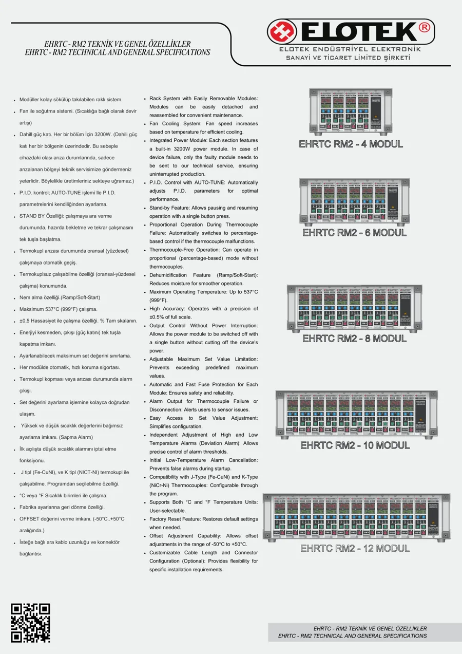 Elotek katalog sayfa 2: EHRTC-RM2 teknik ve genel özellikler (TR/EN)