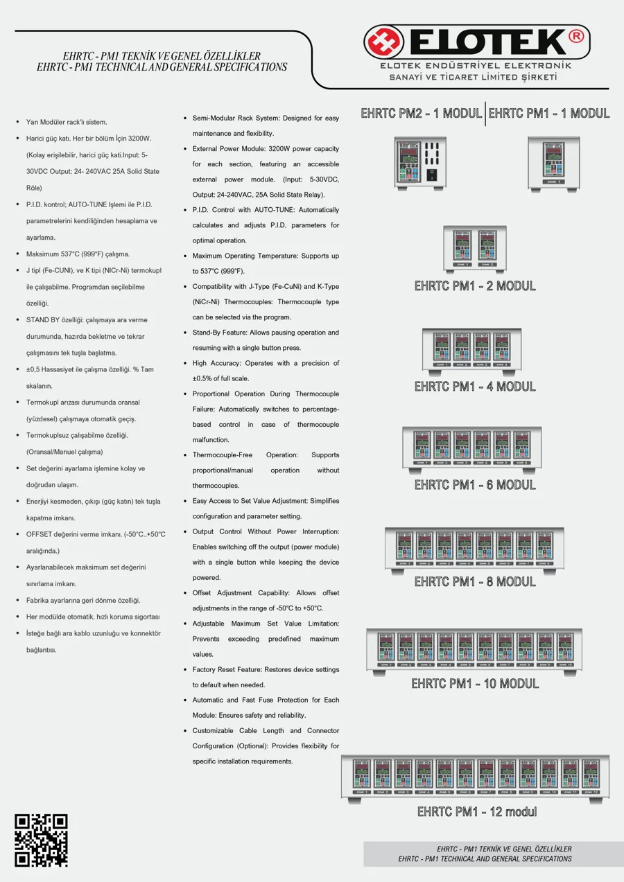 Elotek katalog sayfa 3: EHRTC-PM1 teknik ve genel özellikler (TR/EN)